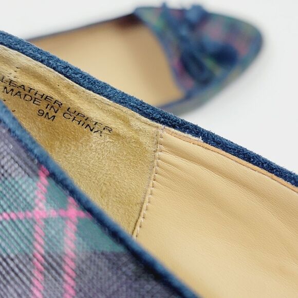 TALBOTS Francesca Tasseled Driving Moccasins Green Navy Tartan Plaid 8.5 - Picture 10 of 10